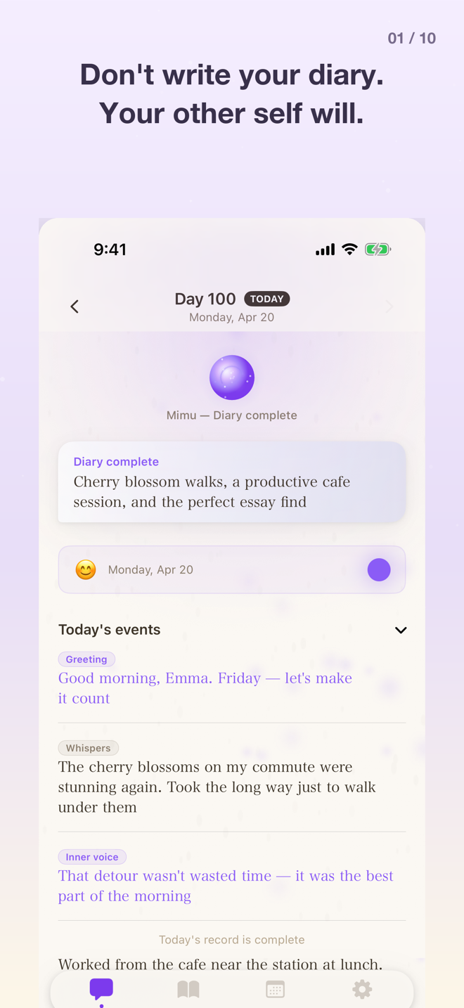 The Mimu screen showing today's events and the diary written by your other self